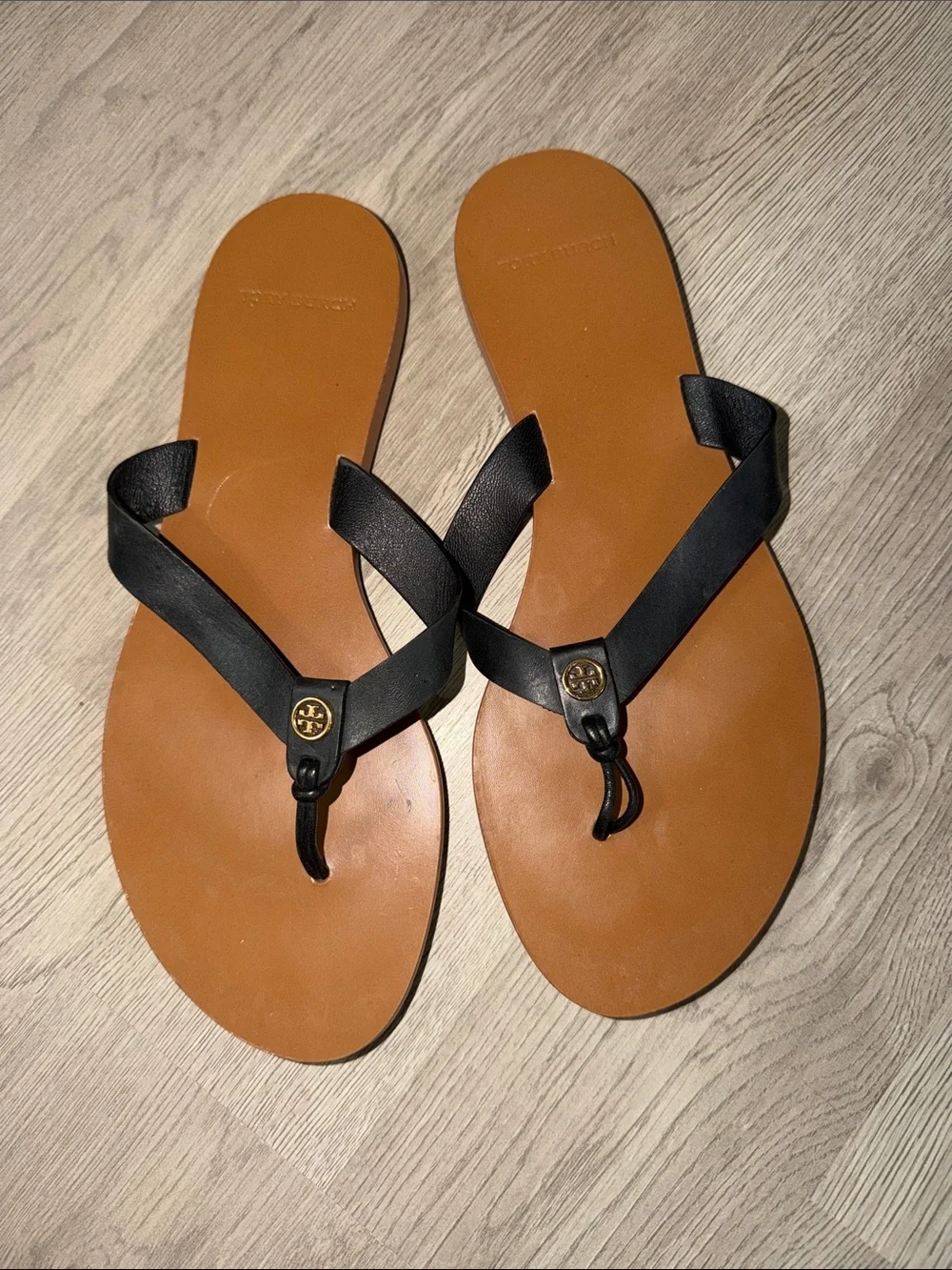 Tory Burch Black and Tan Leather Logo Sandals